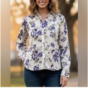 Chico’s No Iron Purple Ivory Floral Button Cotton LS Shirt, Size Large NWT